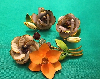 Sale! Vintage Enameled Hand-Painted Austrian Crystal Brooch/Pin and Clip Earring Set -Gold Wash circa 1950s-60s.