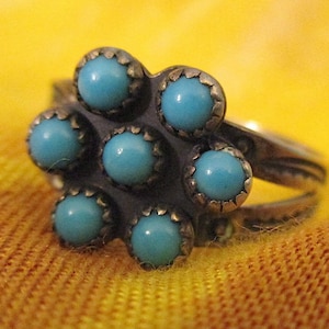 PRICE DROP! Vintage Bell Trading Post Arrow Mark Sterling Silver 7 Turquoise Petit Point Cabochons Ring - size 9 -c1960s