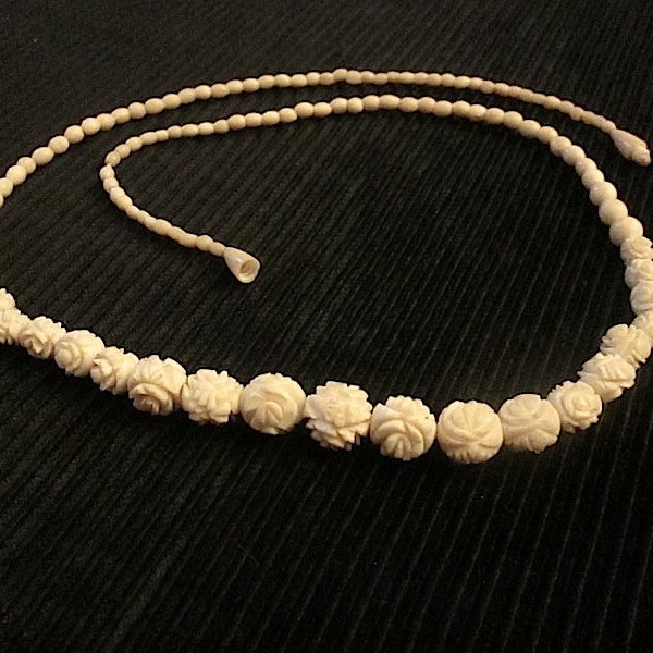 Vintage Celluloid Carved Floral and Oval Bead Ivory Tone Necklace