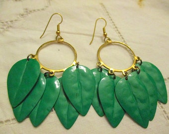 Vintage Multiple Green Metal Leaf Dangle Earrings on Gold Tone Findings