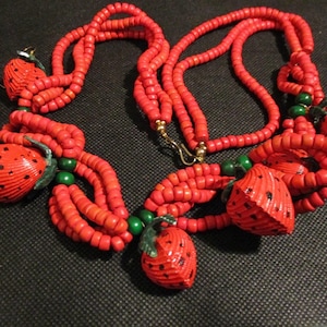 SALE! Festive Vintage Strawberry Bead Necklace with Matching Earrings ~ Strawberry Festival - Gift For Her ~ Holiday Set