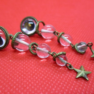 AntiqueVintage 1920&#39;s &#39;Pools of Light&#39; Drop Post Earrings ~ Crystal Half-Cabochons atop 3 Crystal Quartz Orbs ~ Brass/Bronze Findings