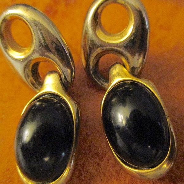 Holiday Sale! Vintage Designer PAOLO GUCCI – Minimalist Modern Puffed Gold Tone Pierced Earrings with Black Cabochons