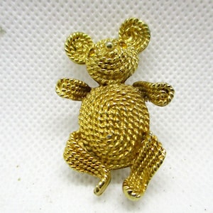 Vintage Adorable & Iridescent Gold Tone Metal Teddy Bear Pin / Brooch -