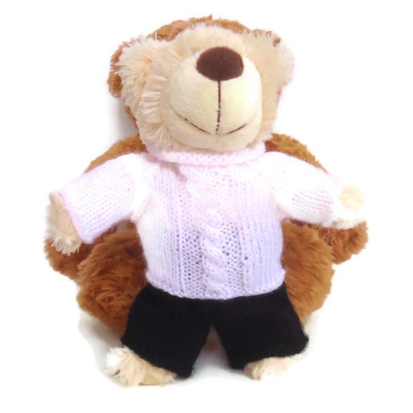Sweater and trousers teddy bear 7-8 inch/18cm, Hand knitted black pull on pants and white cable  jumper, OUTFIT ONLY for soft animal