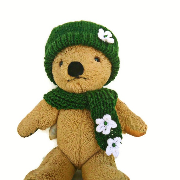 Flower hat and scarf for 12 inch/30cm teddy bear, Beanie cap doll, Knitted green tam soft toy animal, OUTFIT ONLY cuddly toy, Gift for her