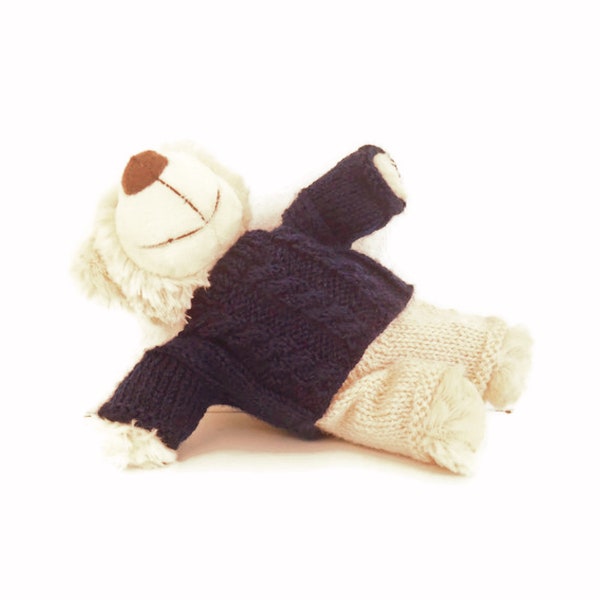 Cable sweater and trousers teddy bear 7-8 inch/18-20cm, Hand knitted cream  pull on pants and dark blue jumper, OUTFIT ONLY for soft animal