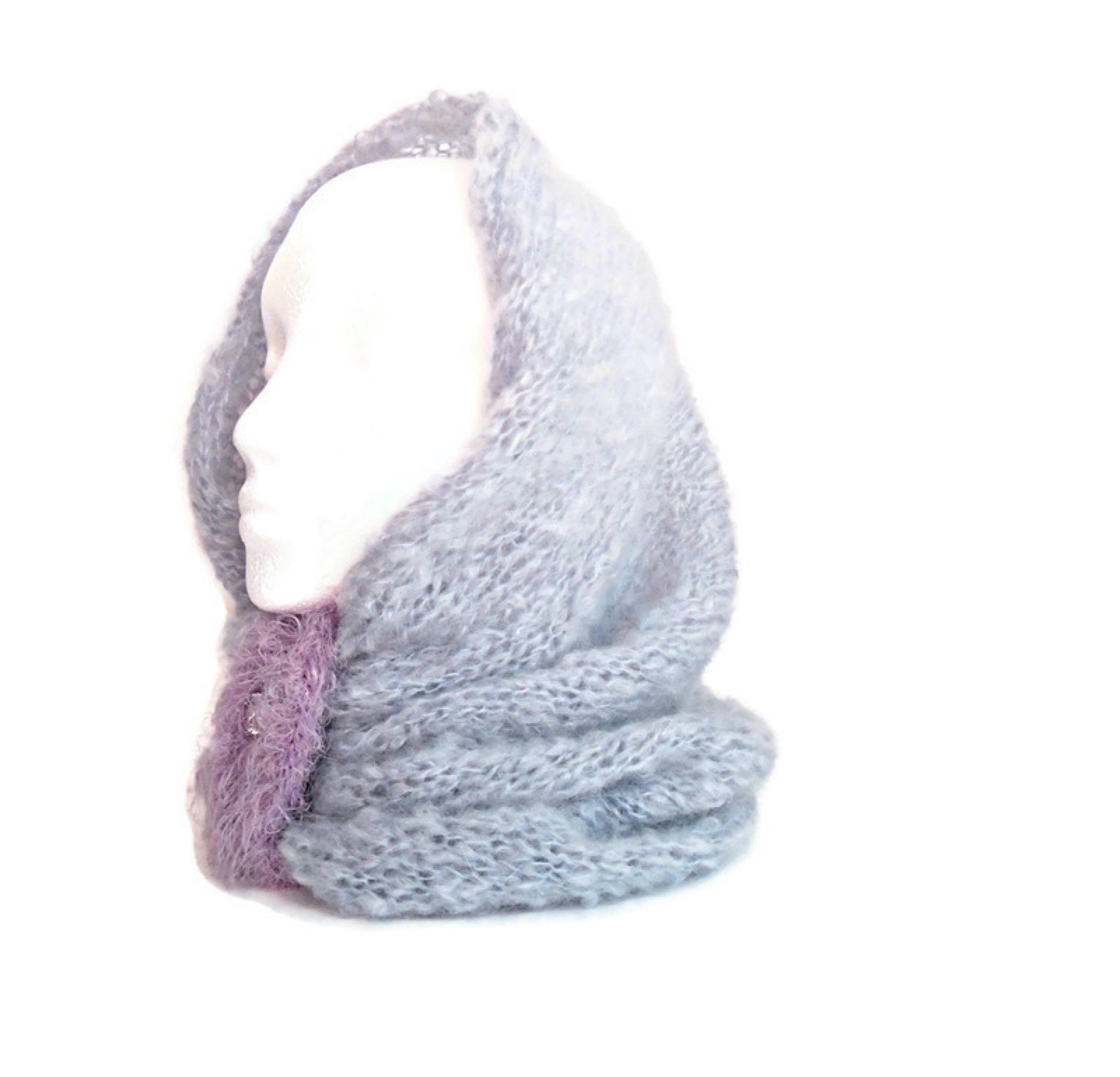 Hand Knitted Grey Cowl Snood, Cosy Warm Headscarf Hat, Winter Head Covering for Women, Chunky