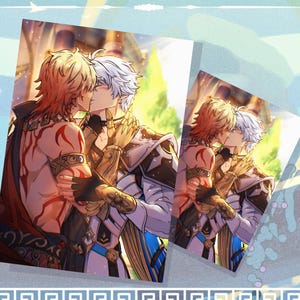 May include: Two rectangular art prints featuring a digital illustration of two characters kissing. One character has blonde hair and red markings on their back, while the other has white hair and wears ornate gold and white armor with blue accents.