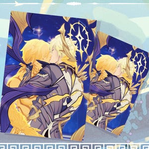 May include: A rectangular art print featuring two blonde characters in an embrace, one wearing gold armor and the other in dark purple and gold attire. The background is a deep blue starry sky with a glowing white star emblem above the figures.