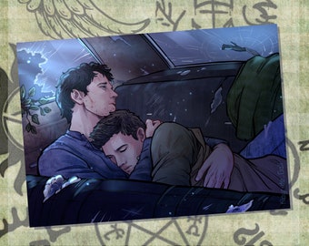 May include: A digital illustration of two men in a car, one with his arm around the other, both looking sad. The car is dark blue and the windows are cracked. The background is a dark blue sky with stars.