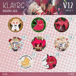 Könnte beinhalten: Eine Sammlung von acht runden Ansteckbuttons mit animierten Charakterillustrationen aus Hazbin Hotel. Die Designs zeigen verschiedene Porträts, eine gelbe Gummiente mit dem Text My relationship status: Duck-ing hilarious und ein rotes Wesen mit dem Text SQUEEK.