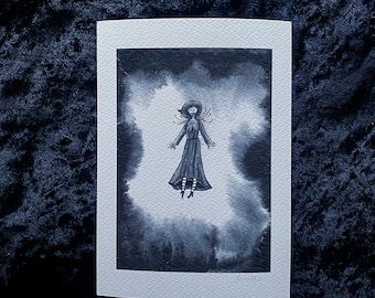 May include: A black and white illustration of a woman in a long dress with her arms outstretched, floating in a cloud of mist. The illustration is signed "Emilee".
