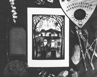 Ghost Lovers Art Card: Gothic Cemetery Greeting Card