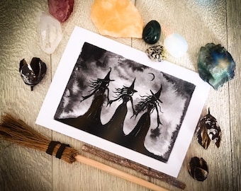 Coven gothic witch greetings card, blank greetings card, witch art, pagan goth Halloween, made in uk