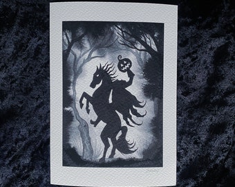 May include: Black and white watercolor painting of a shadowy figure riding a rearing horse through a dark forest. The figure is holding a jack-o'-lantern.