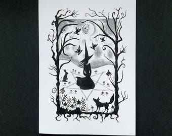 Witch's Garden Gothic Card: Black and White Ink Art