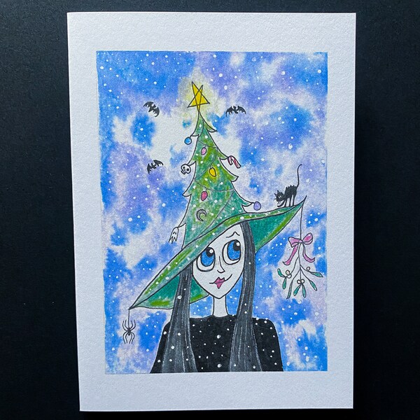 Christmas witch art card, gothic blank card, made in the uk