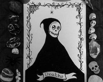 Death Print. Giclee gothic art, black and white print, made in uk. A5.