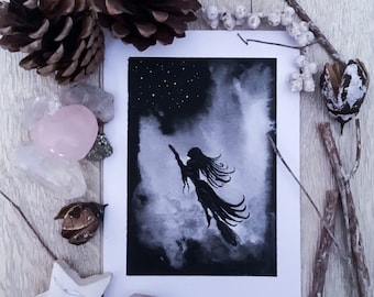 Gothic Witch Ink Art Card: Pagan Halloween Greetings Card