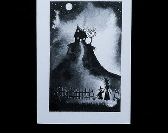 Witches House,  gothic witch greetings card, blank greetings card, witch art, pagan goth Halloween, made in uk