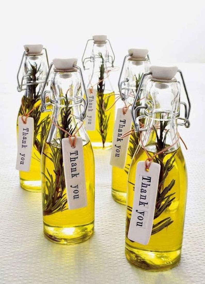 Rosemary Olive Oil Favors, Premium Organic Greek Olive Oil, Unique Bridal Shower Wedding Favors, Custom Labels, Mini Olive Oil Favors image 1