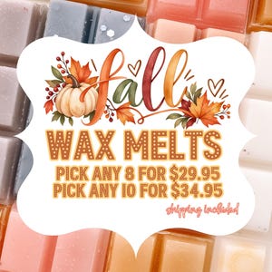 May include: A white label with a decorative scalloped edge featuring a watercolour illustration of a pumpkin and autumn leaves. The text reads fall WAX MELTS, PICK ANY 8 FOR $29.95, PICK ANY 10 FOR $34.95. The label is placed over various coloured wax melts.