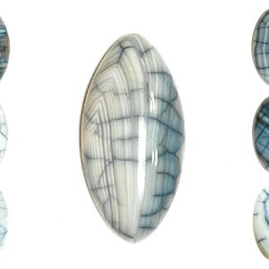 Könnte beinhalten: Ovale Cabochon-Edelsteine in Weiß und Blau-Grau. Die Edelsteine weisen ein rissiges, netzartiges Muster auf. Das Bild zeigt sieben Edelsteine, mit einem großen in der Mitte und sechs kleineren darum herum.