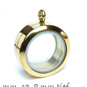 Op de afbeelding: Gouden hanger met een transparante glazen inzet. De hanger is 19 mm in diameter en 8 mm diep.