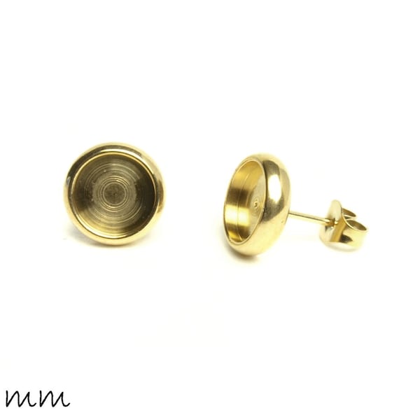 Solid ear stud blanks with cabochon setting (8 mm) made of stainless steel, gold