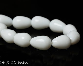 10 weiße Glasperlen Tropfen 14 x 10 mm