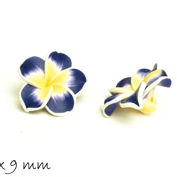 4 pcs Fleurs de frangipanier Argile Fimo, bleu-jaune, 15 x 9 mm