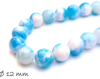 10 pieces Edelsteib jade beads blue white 12 mm