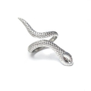 Puede incluir: Un anillo de serpiente de plata con un diseño texturizado. La serpiente está enrollada alrededor del dedo y la cabeza está mirando hacia adelante.