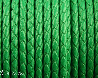 3,00EUR/Meter - 2 m leather strap braided green, 3 mm, genuine leather