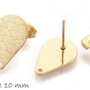 Stud earrings with eyelet stainless steel, gold, drops with wave pattern, earrings
