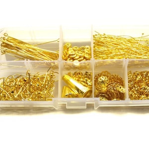 Può includere: Una scatola di contenimento in plastica trasparente piena di forniture per la creazione di gioielli color oro. La scatola ha sei scomparti, ognuno riempito con un tipo diverso di ritrovamento di gioielli. I ritrovamenti includono ganci per orecchini, anelli di salto, perline e coni.