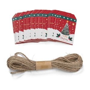 25 cartões de Natal retangulares em papel kraft com cordão (5 m), 7 x 4 x 0,03 cm