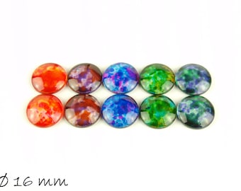 10 round Glass Cabochons, nous 16 mm, Colorful painted, set