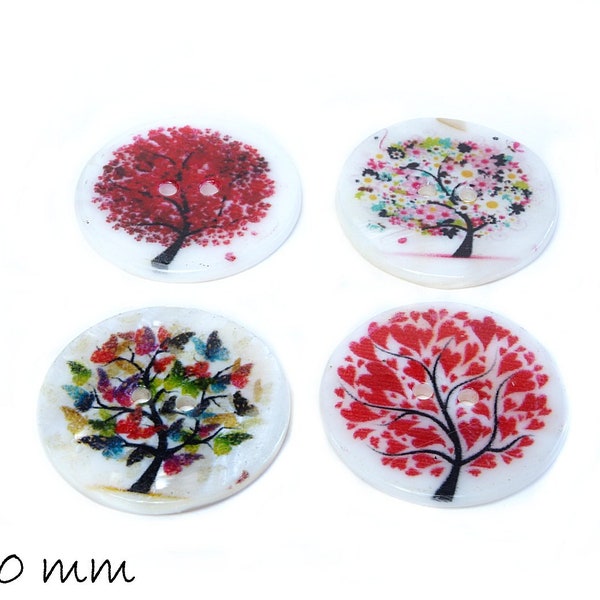 4 pcs boutons nacre arbre imprimé avec différents motifs Ø 30 mm