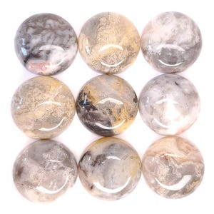 Könnte beinhalten: Neun runde, polierte Achat-Cabochons in Grautönen, Weiß und Braun mit komplizierten Mustern.