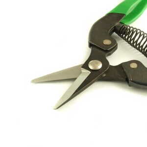 Può includere: Un paio di forbici da potatura nere con un manico verde e un meccanismo a molla. Le forbici hanno una lama affilata e sono progettate per tagliare piccoli rami.