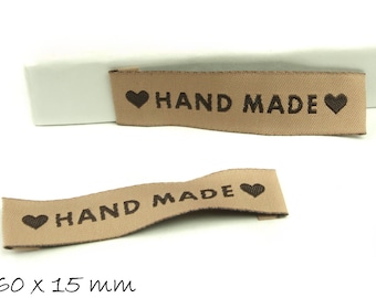 Pack of 10 woven ribbon labels "Hand Made" 60 x 15 mm