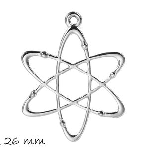 May include: Silver atom charm pendant, 33 x 26 mm. The charm is a stylised representation of an atom with a central nucleus and orbiting electrons.