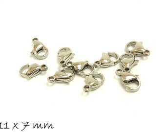 Pode incluir: Fechos de lagosta de metal prateado, 11 mm x 7 mm, para a fabricação de joias.
