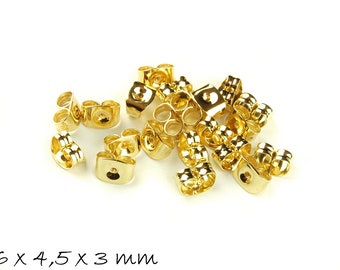 Tuercas para pendientes con tapón, acero inoxidable, dorado, 6,5 x 4,5 mm, mariposa