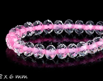 10 stk of glass sliff beads, faceted, pink, 8 x 6 mm