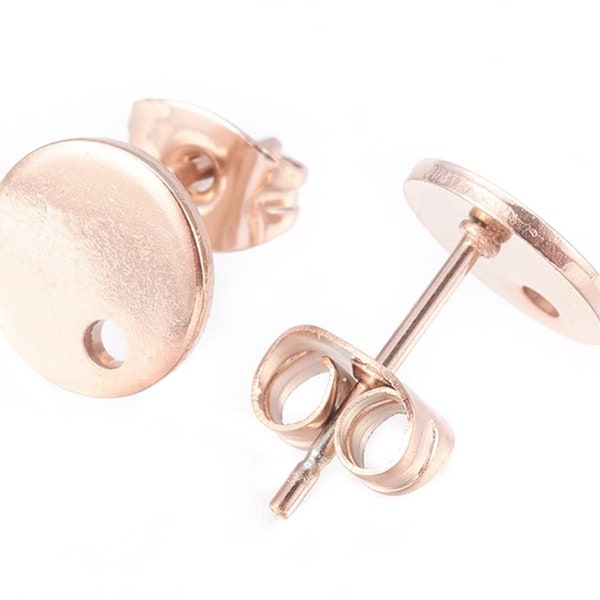 Stud earrings with eyelet stainless steel, rose gold, round, disc, earrings, 8 mm