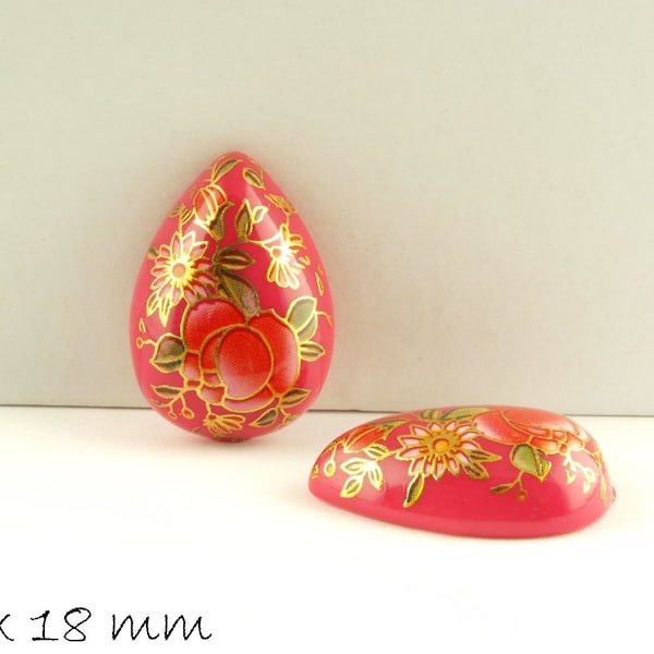 2 cabochons de résine en forme de larme avec Tensha japonais peinture 25 x 18 mm