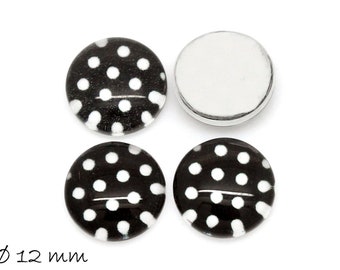 10 round glass cabochons with black with white dots-12 mm